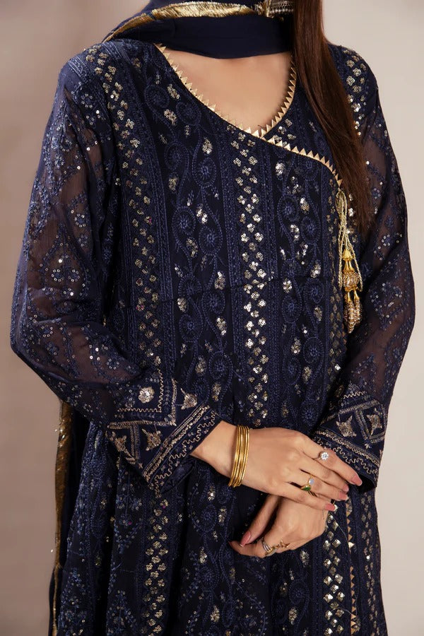 Navy Blue Chiffon Embroided Angrakha