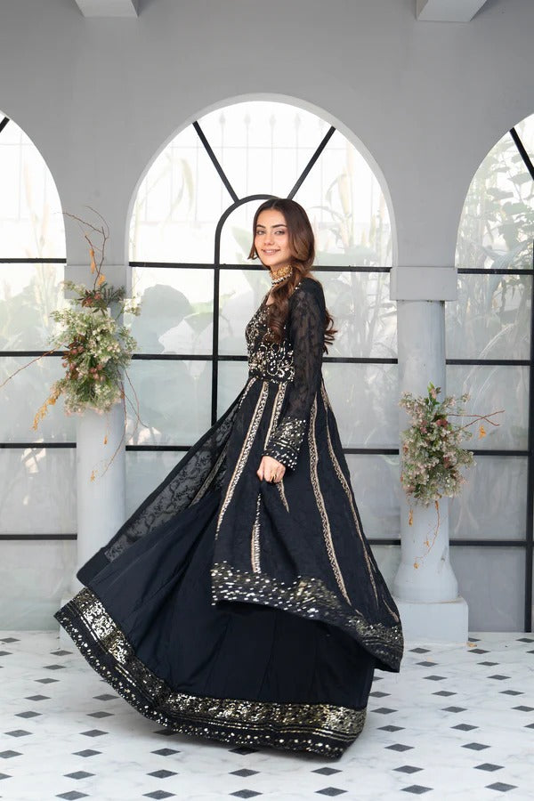 Black Chiffon Embroided Maxi