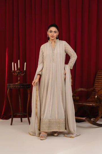 Tan Chiffon Embroided Maxi