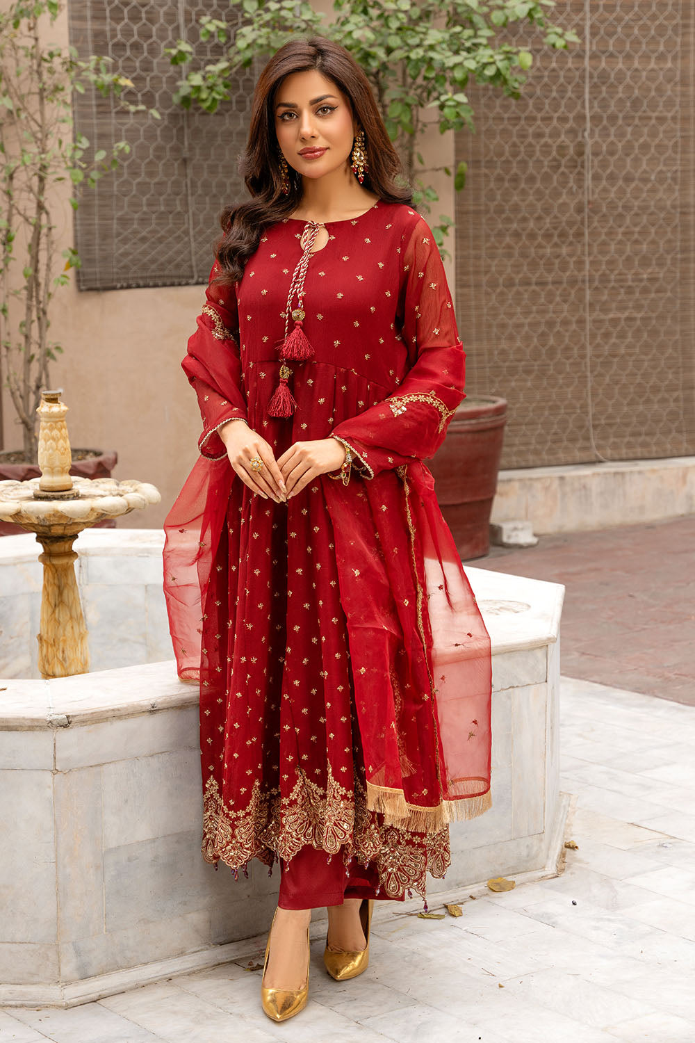 Embroidered Chiffon Frock Suit-7065