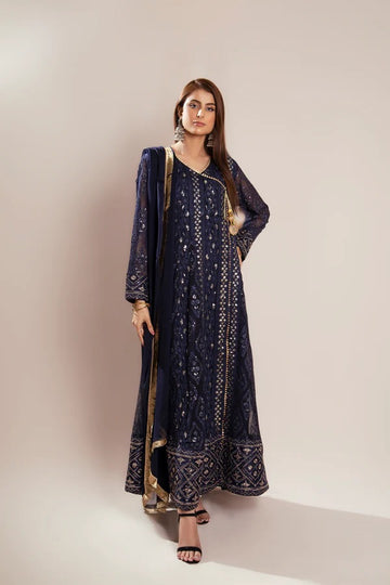 Navy Blue Chiffon Embroided Angrakha