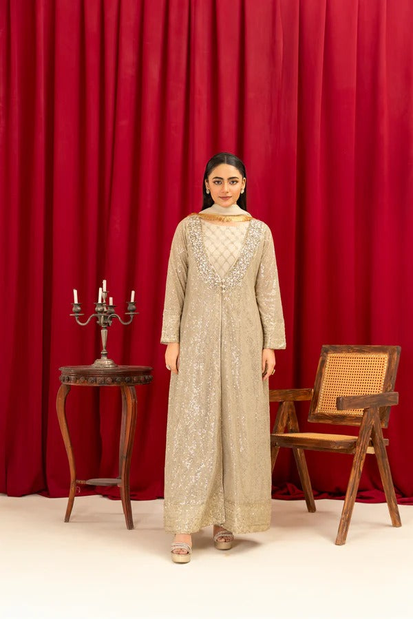 Camel Brown Chiffon Emroided Gown