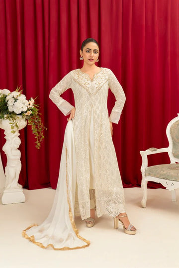 Off White Chiffon Embellished Maxi