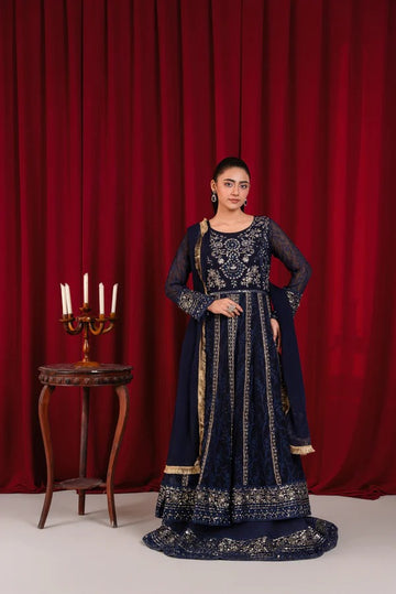Navy Blue Chiffon Embroided Maxi