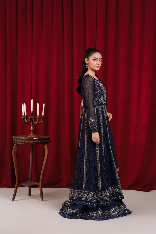 Navy Blue Chiffon Embroided Maxi