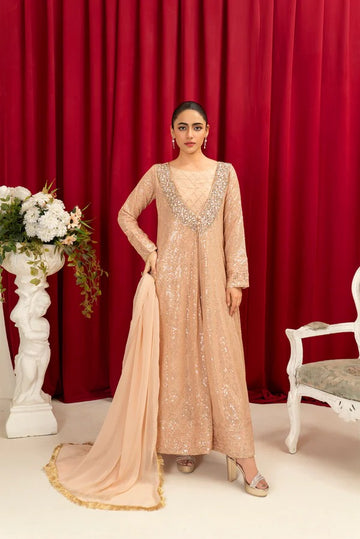 Peach Chiffon Emroided Gown