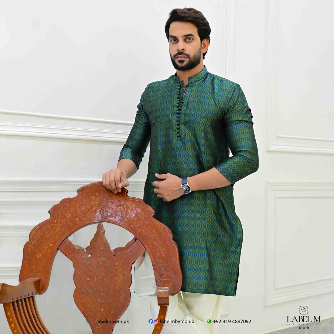 Green Jamawar Self Print Kurta