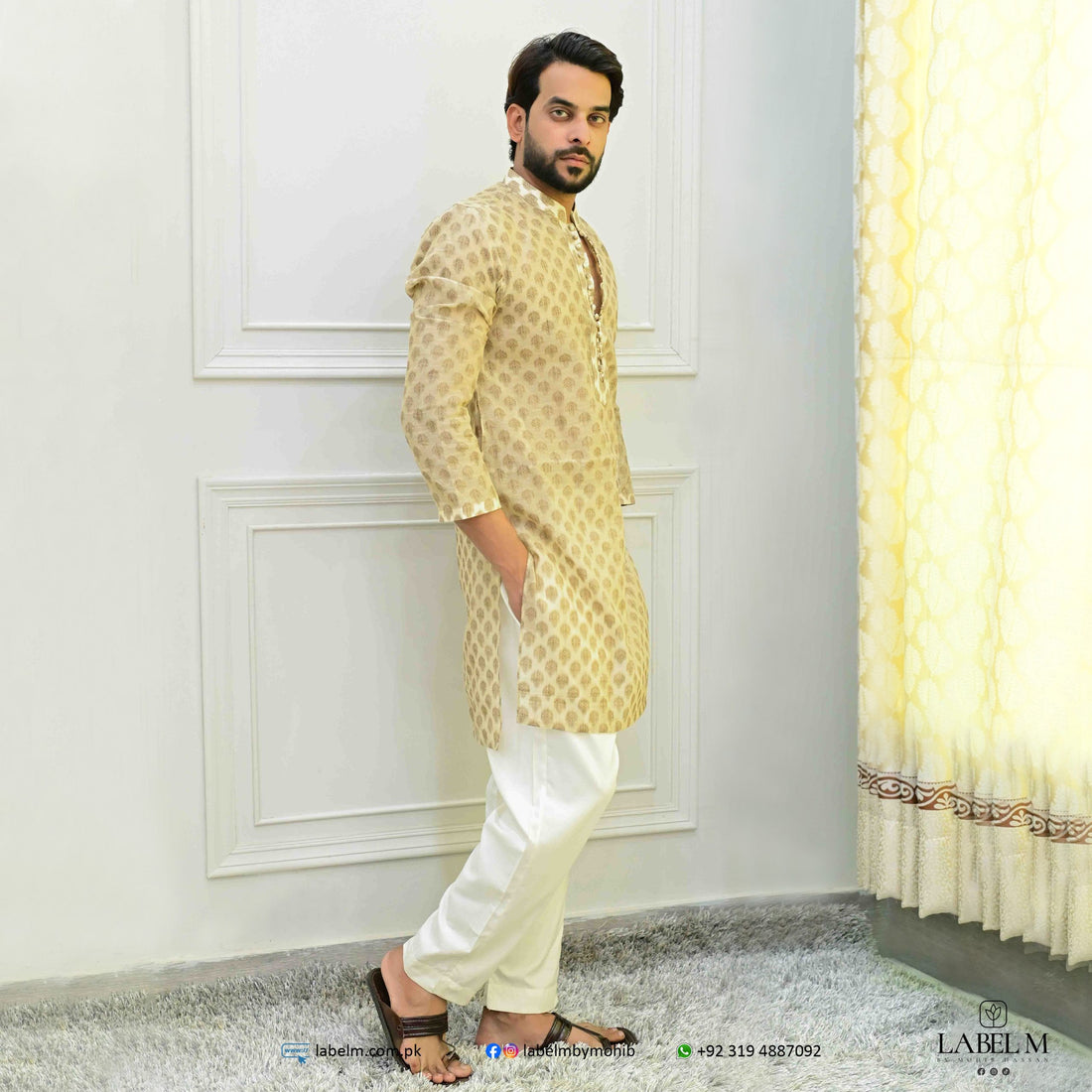 Light Fawn Stepler Cotton Self Print Kurta